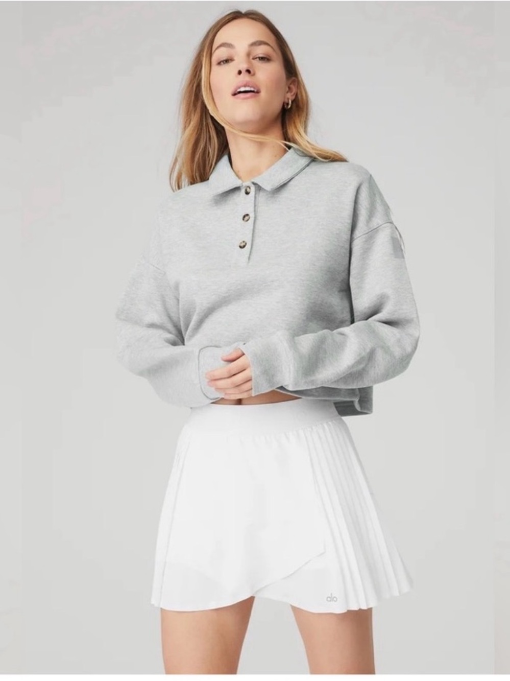 ALO Yoga Henley Polo Cropped Sweater, Button Up, Grey Size Small
